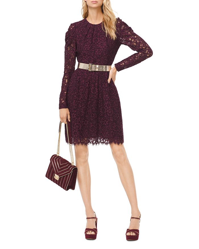 Michael Michael Kors Floral Lace Long sleeve Dress In Cordovan