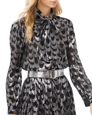 MICHAEL Michael Kors - Scalloped Silk Jacquard Tie-Neck Blouse