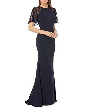 CARMEN MARC VALVO SEQUINED LACE FLUTTER SLEEVE GOWN,661811