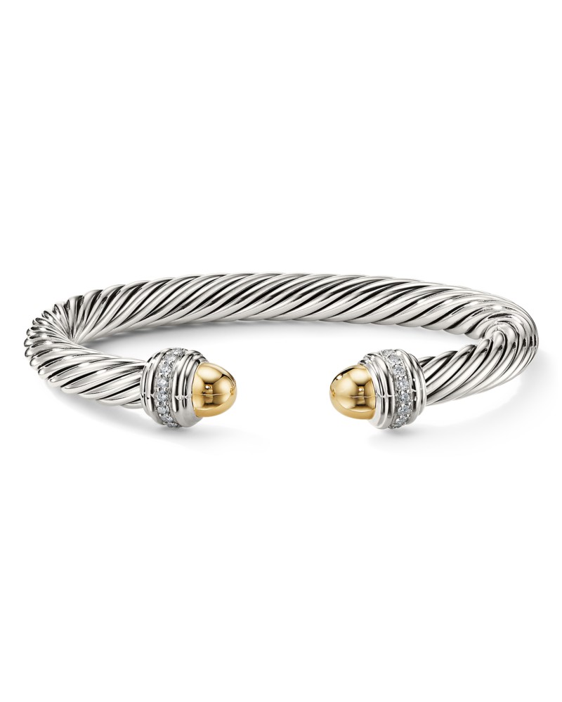 David Yurman Cable Bracelet with 14K Yellow Gold Dome & Diamonds in Gold/Silver