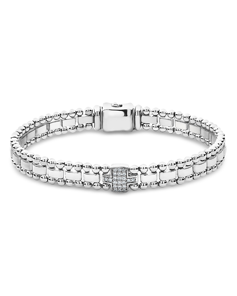 Lagos Sterling Silver Caviar Spark Pave Diamond Link Bracelet In White/silver
