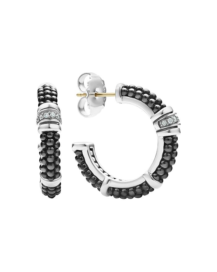 LAGOS - Sterling Silver & Ceramic Black Caviar Hoop Earrings with Diamonds