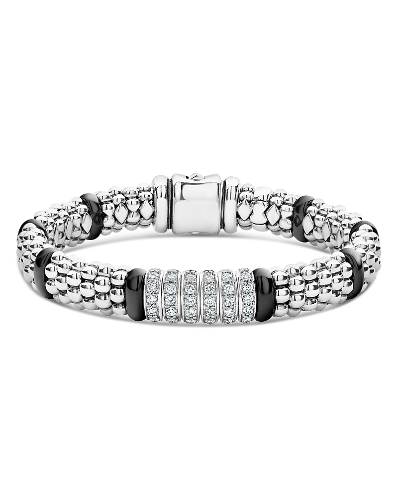 Lagos Sterling Silver Black Caviar Rope Bracelet With Diamonds & Black Ceramic In Black/silver