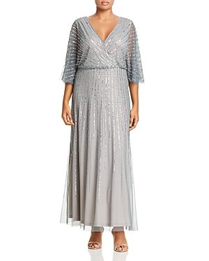 Adrianna Papell Plus Beaded Gown In Pewter/silver