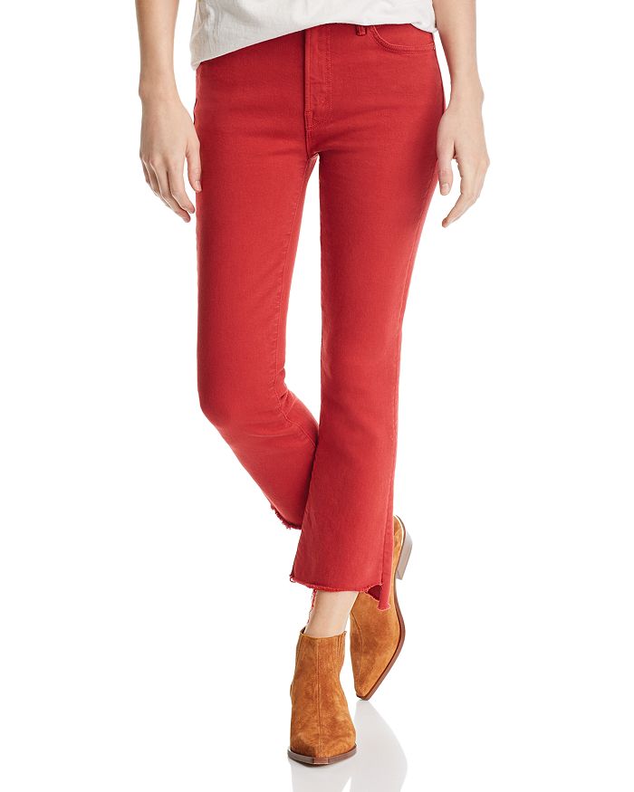 MOTHER THE INSIDER FRAYED STEP HEM CROPPED BOOTCUT JEANS IN HOT ROD RED,1157-674