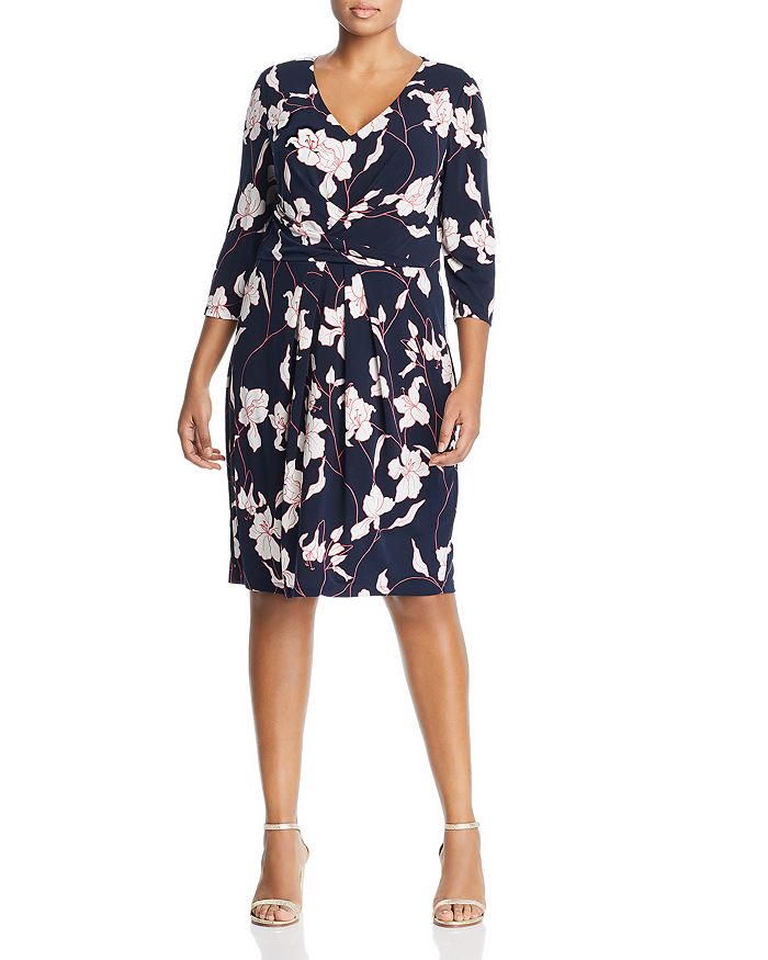 Adrianna Papell Plus Printed Knit Pleat Dress In Navy/pink Multi