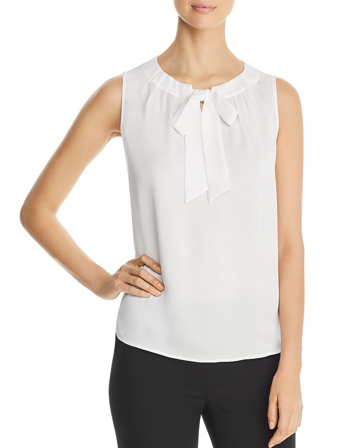 Misook Pleated Tie-neck Blouse In White
