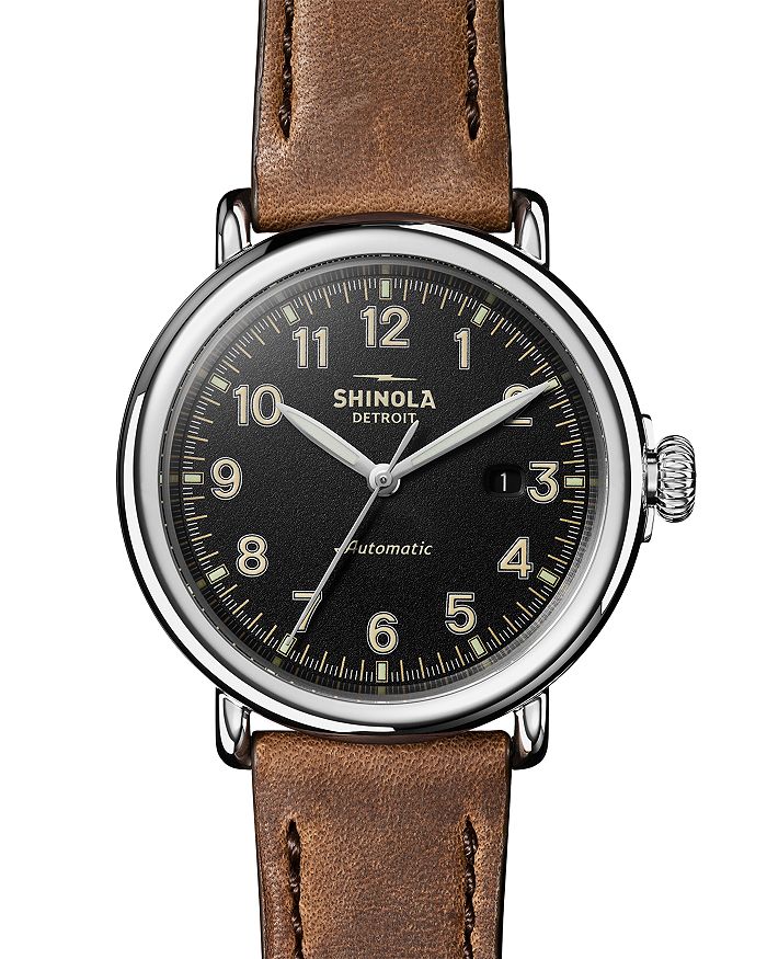SHINOLA THE RUNWELL BROWN LEATHER STRAP AUTOMATIC WATCH, 45MM,S0120141490