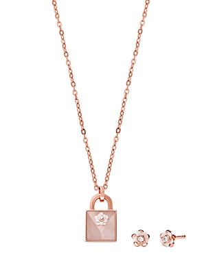 MICHAEL KORS PADLOCK CHARM 16 NECKLACE & EARRINGS SET IN 14K GOLD-PLATED STERLING SILVER OR 14K ROSE GOLD-PLATED ,MKC1193AB