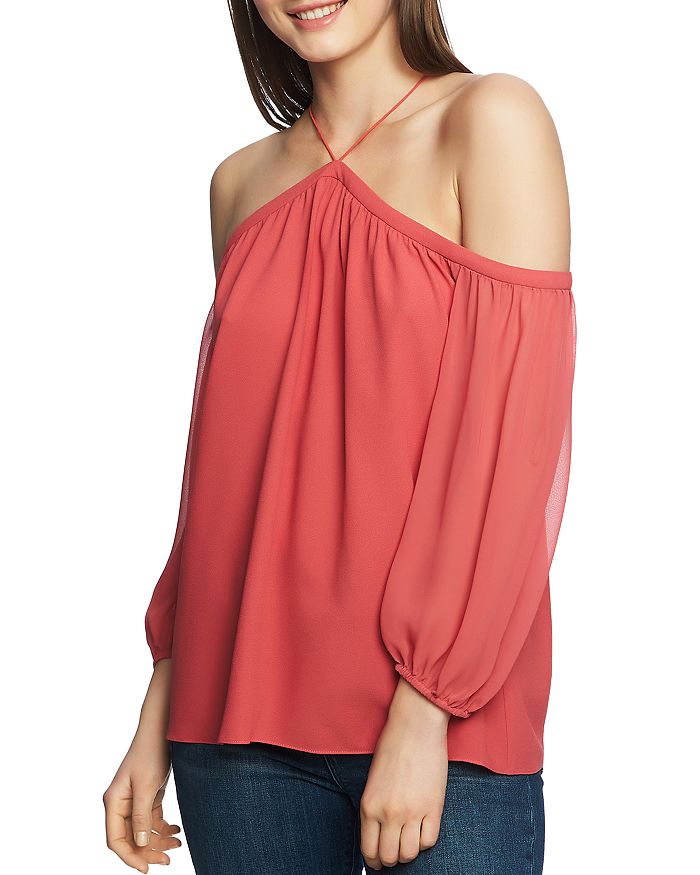 1.state Off The Shoulder Sheer Chiffon Blouse In Coral Poppy