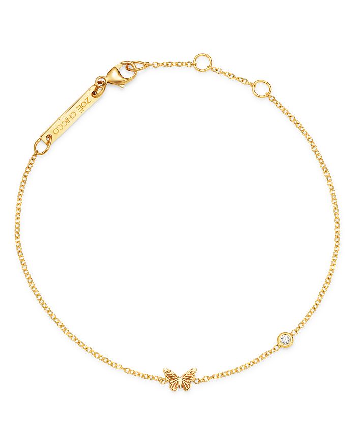 Shop Zoë Chicco 14k Yellow Gold Itty Bitty Butterfly & Diamond Bracelet In White/gold