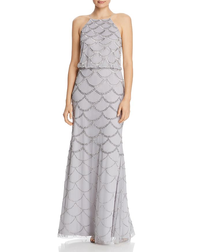 Adrianna Papell Beaded Halter Gown In Bridal Silver
