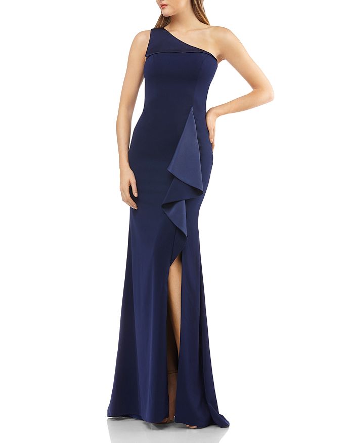 Carmen Marc Valvo One-shoulder Crepe Gown In Midnight