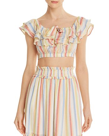 Suboo Womens Yellow Ruffled Striped Cap Sleeve Scoop Neck Top