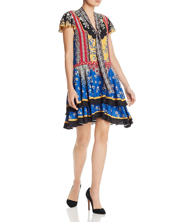 ALICE AND OLIVIA ALICE + OLIVIA MOORE FLUTTER-SLEEVE TIERED FLORAL TUNIC DRESS,CC906P65505