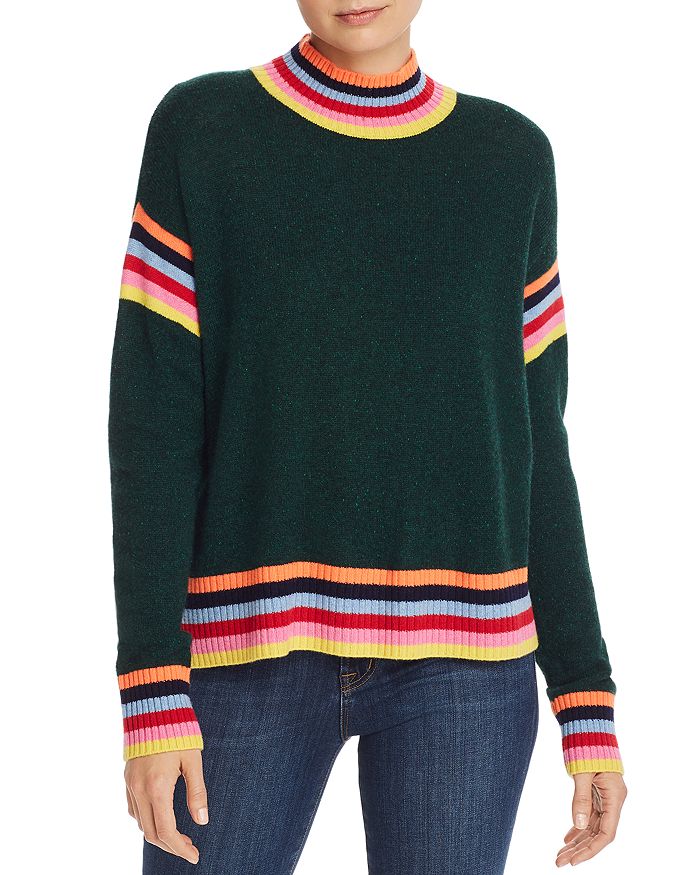 Aqua Cashmere Rainbow Trim Donegal Cashmere Sweater - 100% Exclusive In Forest Nep Combo