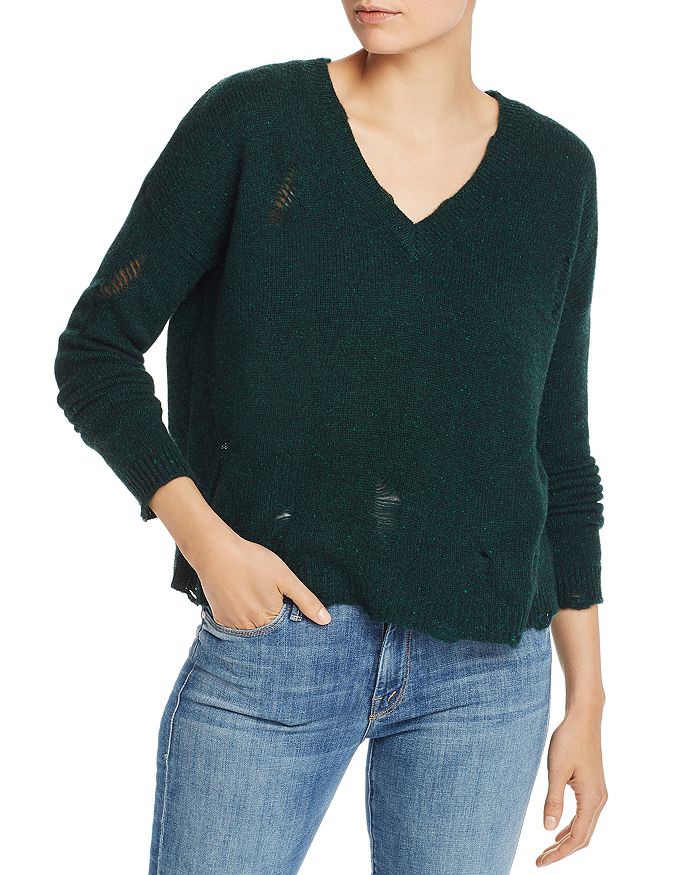 Aqua Cashmere Distressed V-neck Cashmere Sweater - 100% Exclusive In Forest Nep