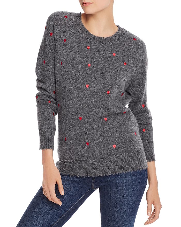 Aqua Cashmere Embroidered Heart Cashmere Sweater - 100% Exclusive In Gray/red