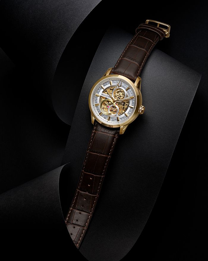 Shop Bulova Sutton Skeleton Watch, 43mm In White/brown