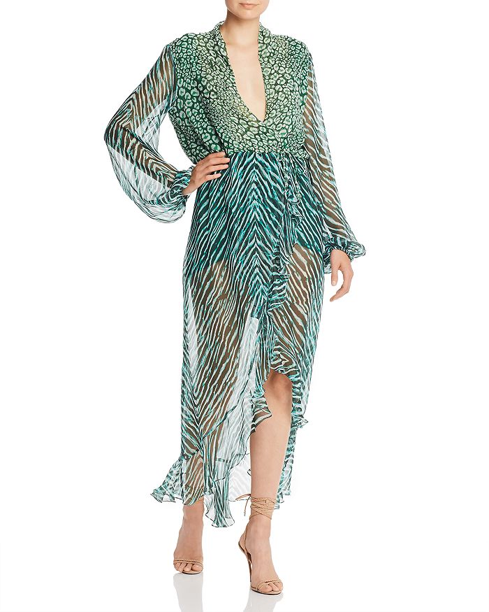 Rococo Sand Leopard & Zebra Chiffon Maxi Dress In Green | ModeSens
