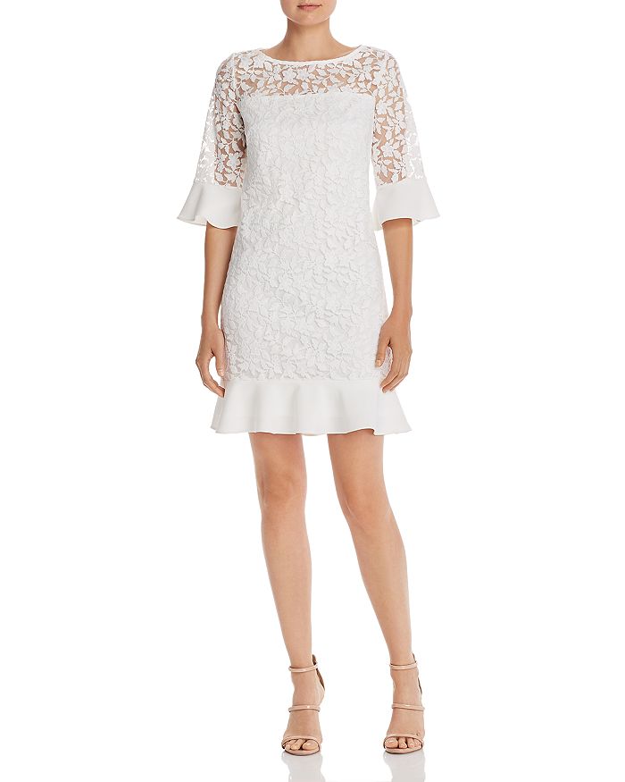 Adrianna Papell Embroidered Bell-sleeve Shift Dress In Ivory
