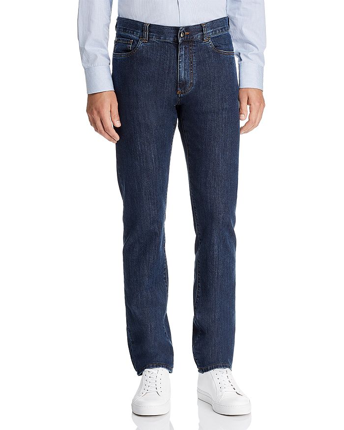 Shop Canali Dark Wash Stretch Denim Straight Fit Jeans In Blue