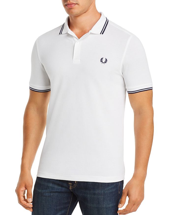 Fred Perry Twin Tipped Extra Slim Fit Pique Polo In White / Carbon Blue