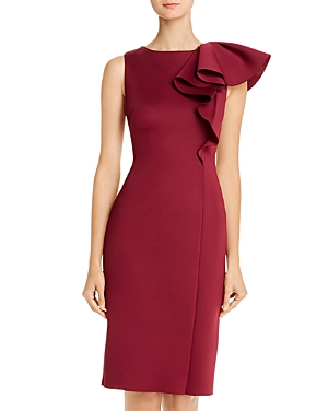 ELIZA J ASYMMETRIC DRAPED RUFFLE SHEATH DRESS,EJ9M0036