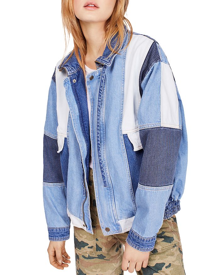 Denim Zip Through Patchwork Bomber Jacket