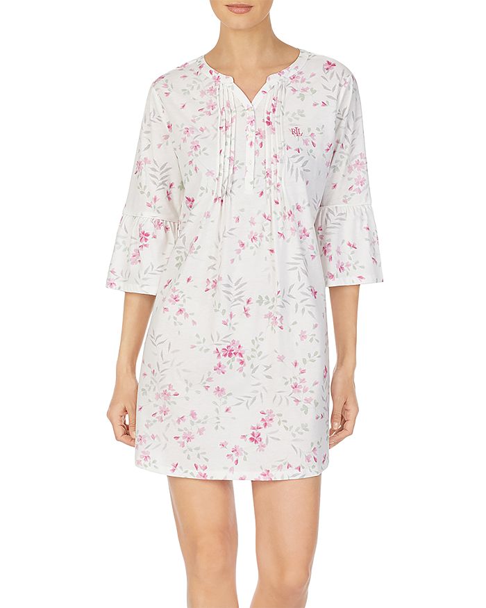 Ralph Lauren Knit Three-quarter Sleeve Sleepshirt In Pink Floral