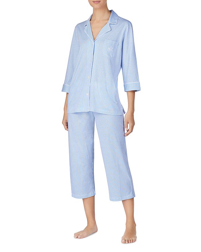 Lauren Ralph Lauren Bingham Knits Cotton Jersey Cropped Pj Set In Blue/stripe