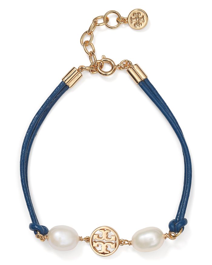 Tory Burch Logo Cultured Freshwater Pearl Bracelet In Tory Gold/navy