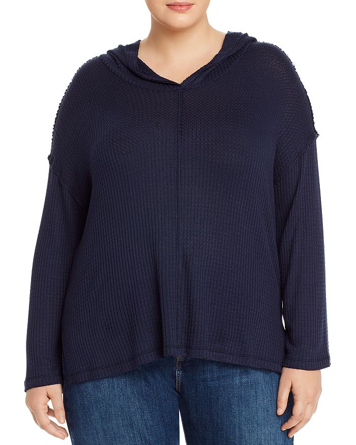 Aqua Curve Waffle-knit Hoodie Top In Navy