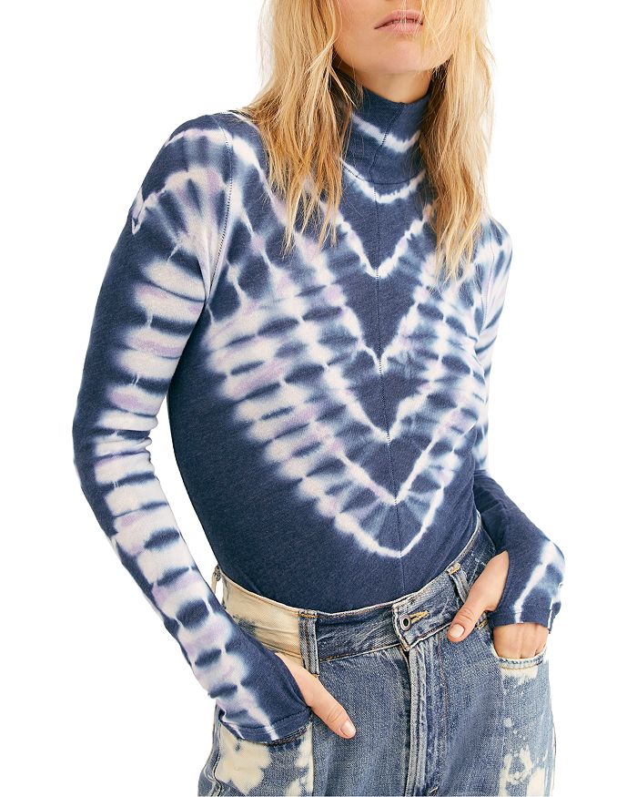 Free People Psychedelic Tie-dye Turtleneck Top In Navy