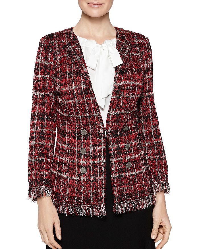 Misook Plaid Tweed Knit Jacket In Crimson/black/mink