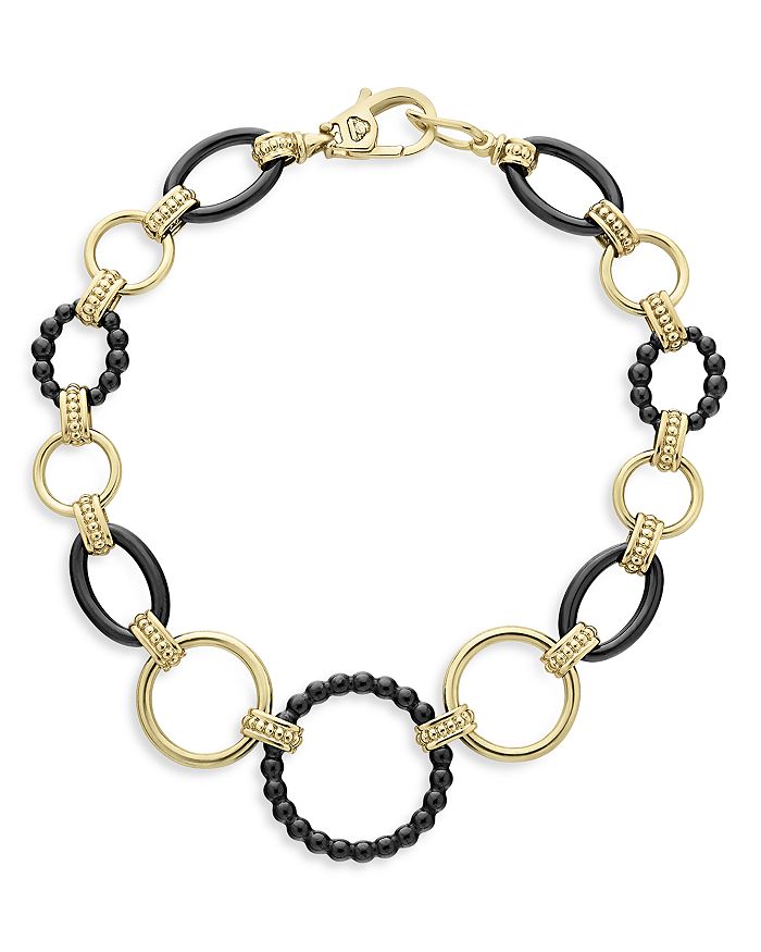 Shop Lagos Meridian 18k Yellow Gold Gold & Black Caviar Black Ceramic Circle Link Bracelet In Black/gold
