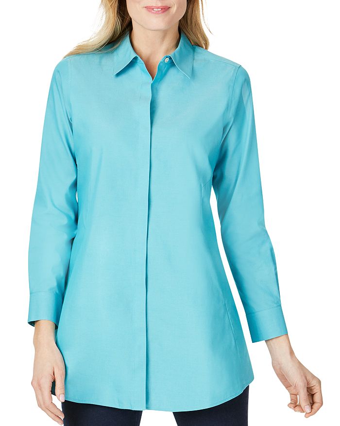 Foxcroft Cici Cotton Non-iron Tunic Shirt In Blue Spruce