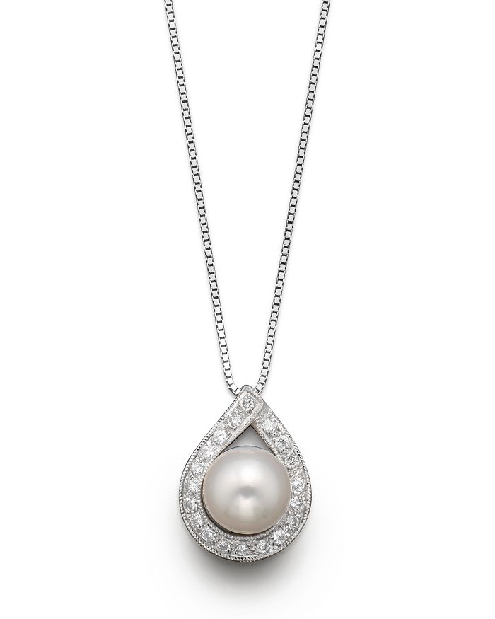Bloomingdale's Cultured Akoya Pearl Pendant Necklace With Diamonds, 17.5 In White