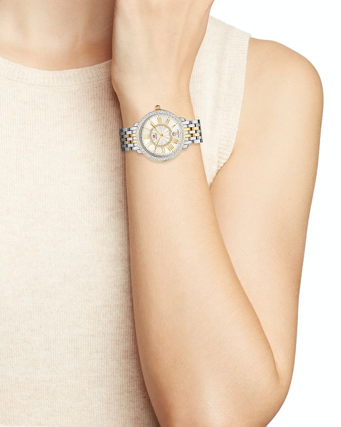 Shop Michele Serein Mid Stainless Steel Diamond Watch, 36mm In White/multi