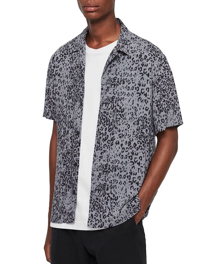 Allsaints Short-sleeve Printed Slim-fit Button-down Shirt In Charcoal/black