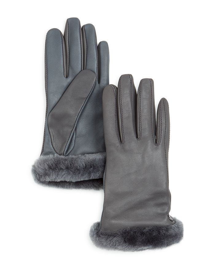Ugg Shorty Shearling-cuff Leather Tech Gloves In Charcoal