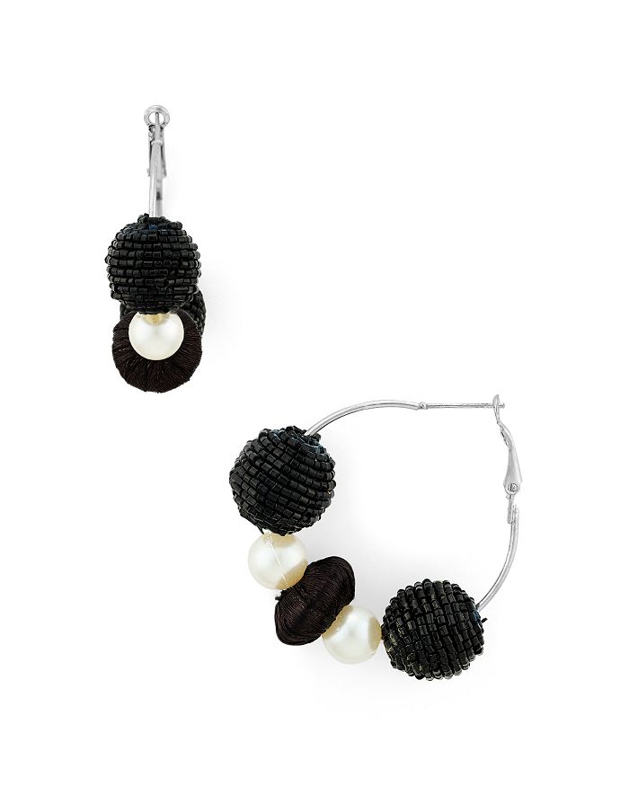 Area Stars Black Bead & Simulated Pearl Hoop Earrings In Black/white/silver