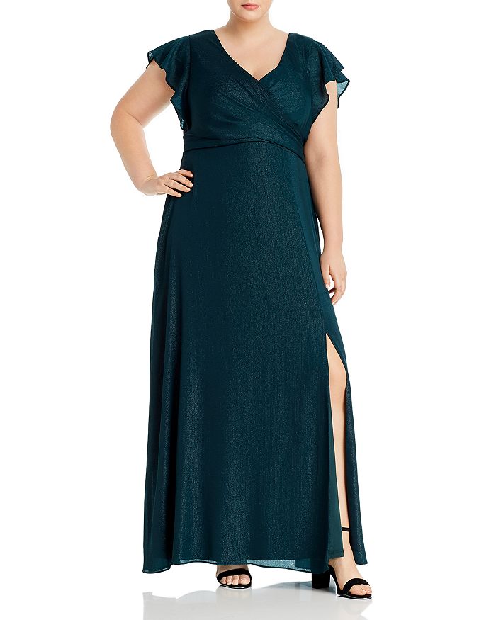 Adrianna Papell Plus Metallic Chiffon Dress In Dusty Emerald
