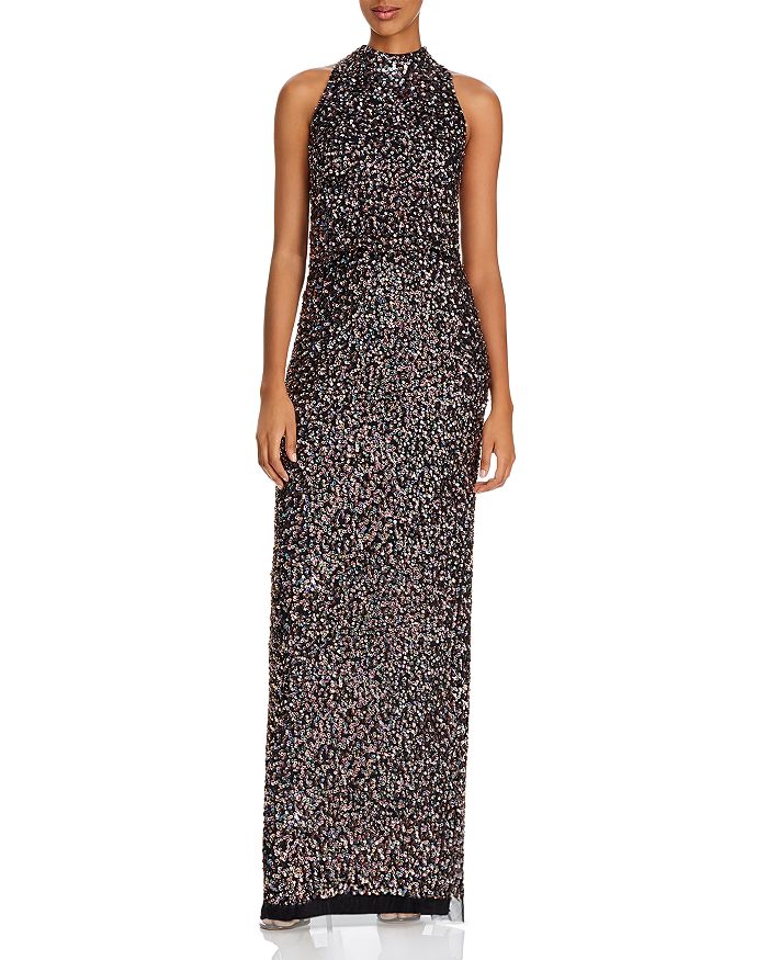 Adrianna Papell Beaded Halter Gown In Black Multi