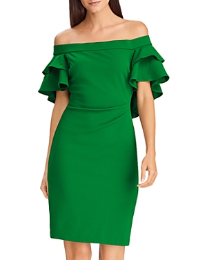 Ralph Lauren Lauren  Tiered Capelet Off-the-shoulder Dress In Riding Green