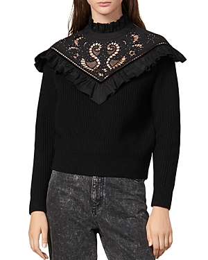 SANDRO WESTY RUFFLED & EMBROIDERED WOOL-BLEND SWEATER,SFPPU00360