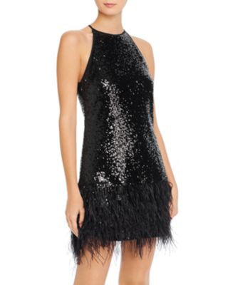 embellished sequin maxi dress with faux feather trim