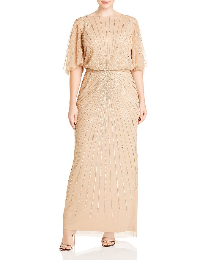 Adrianna Papell Plus Beaded Gown In Champagne Gold