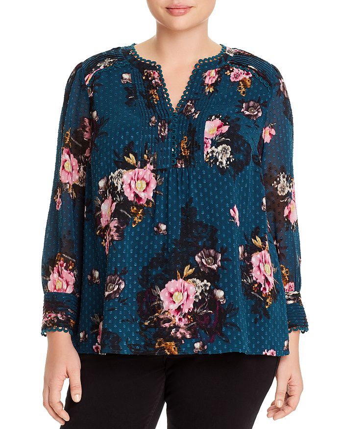 Daniel Rainn Plus Floral Clip-dot Blouse In Dark Teal