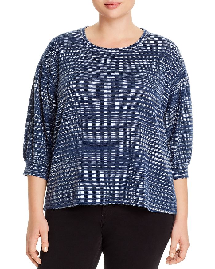 Cupio Plus Two Tone Puff-sleeve Top In Navy/white